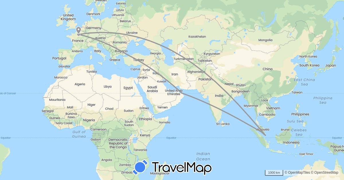 TravelMap itinerary: plane in France, Malaysia, Oman, Singapore, Turkey (Asia, Europe)